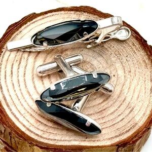 Mid-Century Hematite Glass Cufflinks & Tie Clip Set